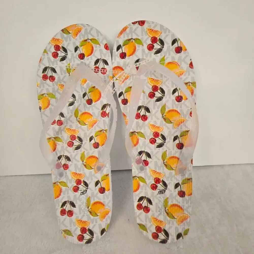 Michael Kors MK Logo Fruit Print Flip Flop Thong Sandals White Size 11